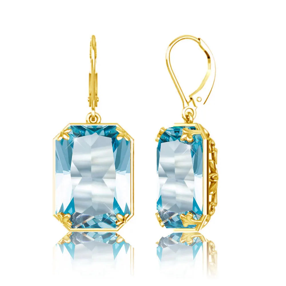 Real 100% 925 Silver Earrings Aquamarine 14K Gold Plated Drop Earrings For Women Fine Jewelry Wedding Gift Handmade