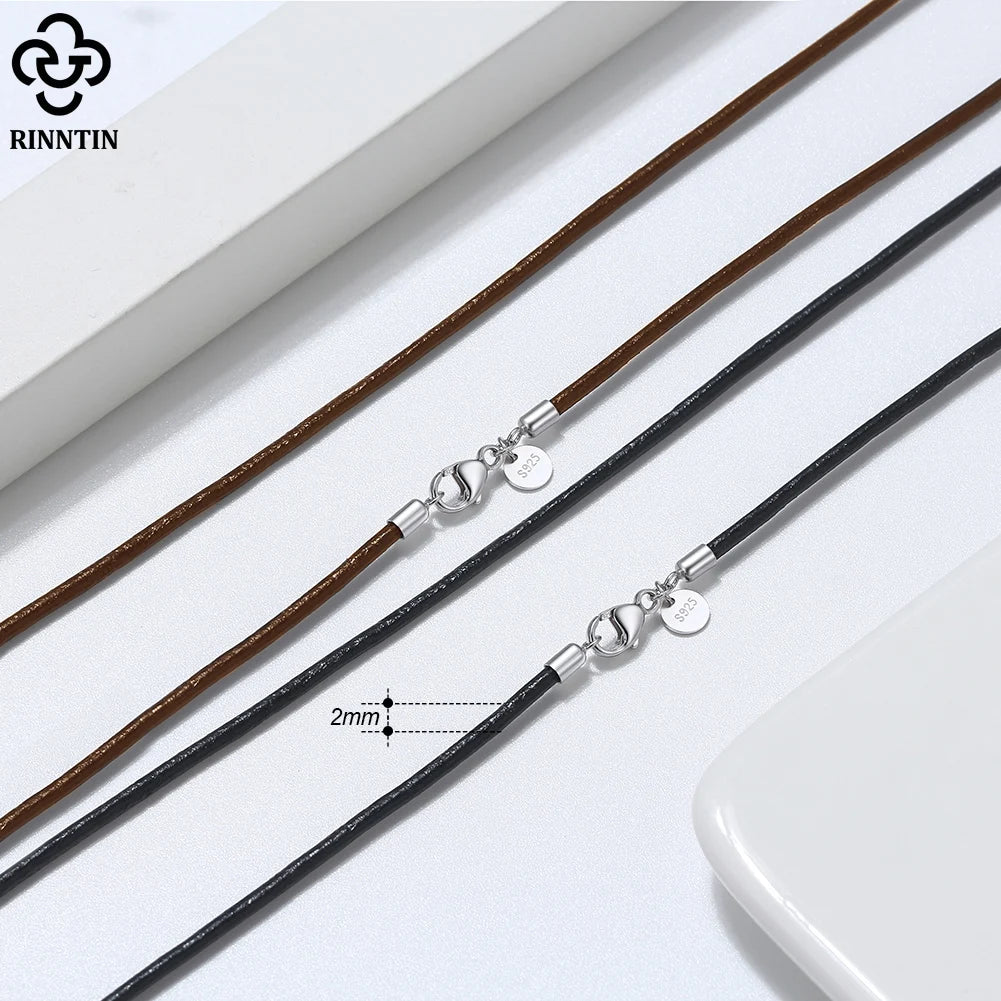 Rinntin Genuine Italian 2mm Brown Leather Cord Chain Necklace for Women Men with 925 Sterling Silver Clasp Trendy Jewelry SC62