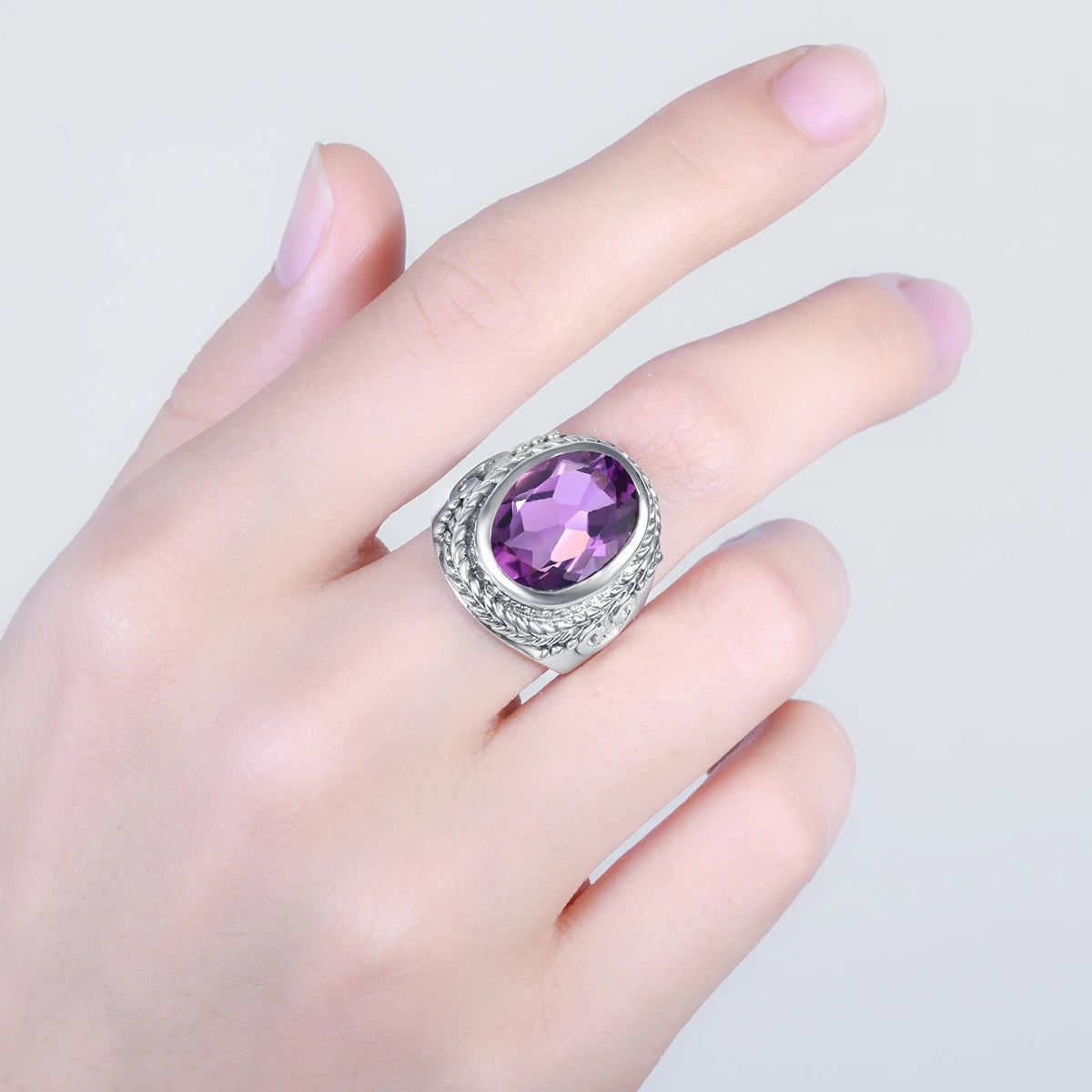 VIXONNA Vintage Bishop Oval Amethyst 925 Sterling Silver Ring (J210)