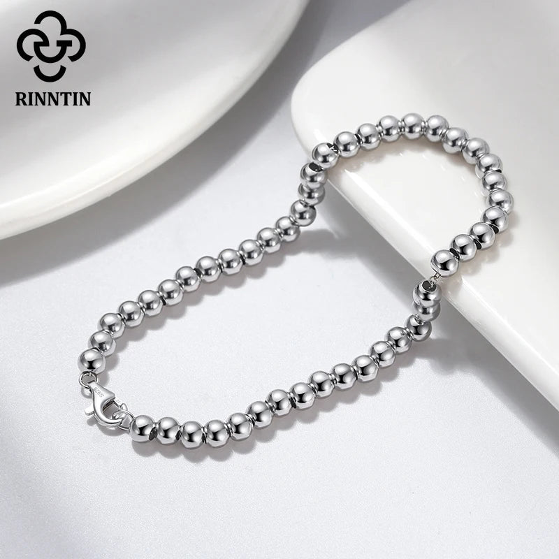 Rinntin 925 Sterling Silver 4mm Bead Ball Strand Chain Bracelet for Women Men Trendy Handmade Bracelets on Hand Jewelry  SB103