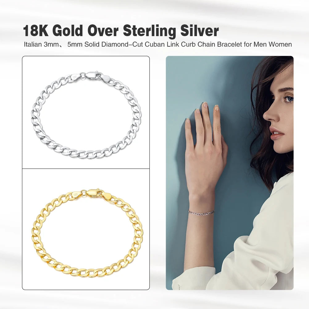 Rinntin 18K Gold Over 925 Sterling Silver 3mm Italian Cuban Chain Bracelet for Women Men Trendy Silver Bracelet Jewelry SB123