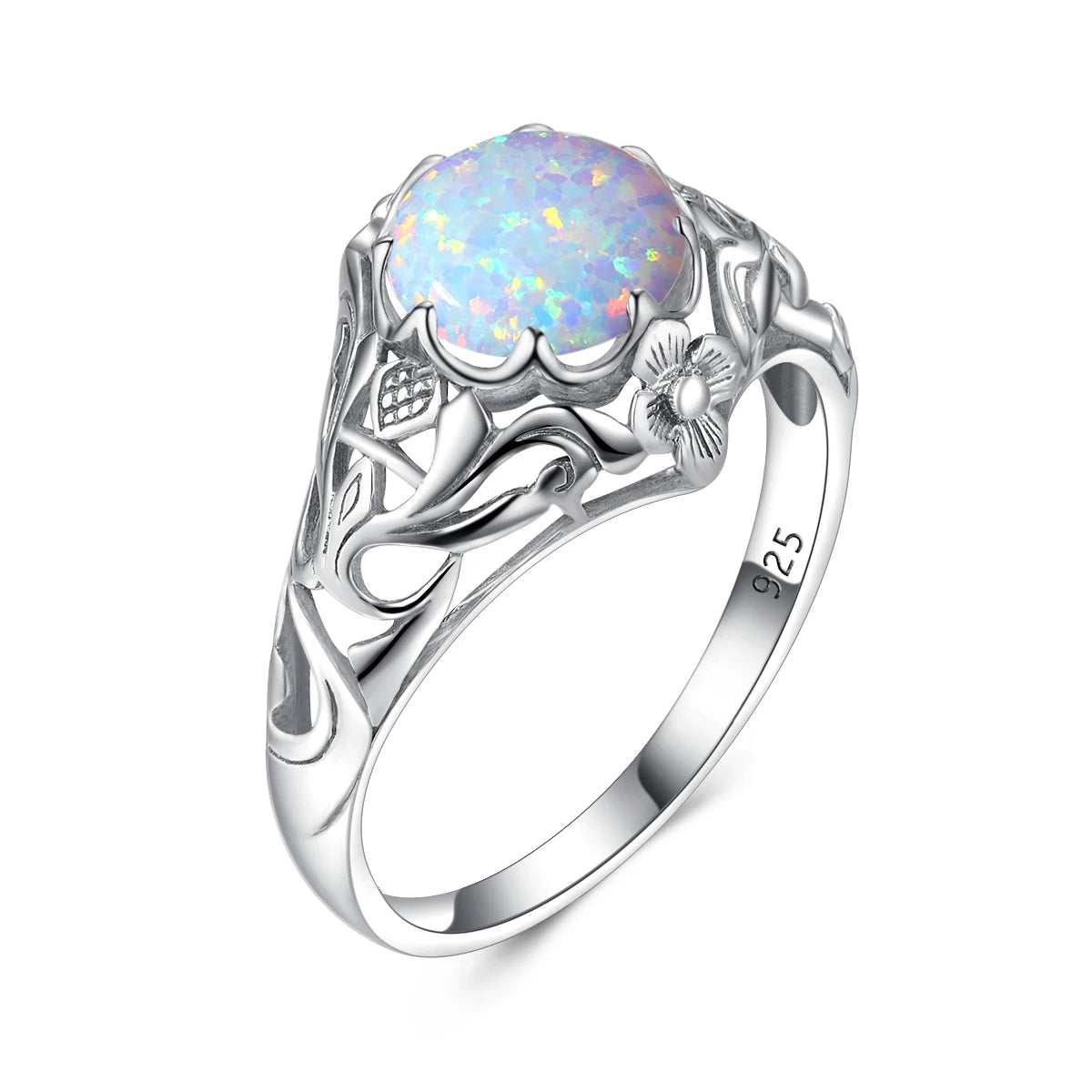 SILVERCHAKRA Vintage Real 925 Silver Rings for Women 2ct Round Opal Ring Artistic filigree Art Deco Fine Jewelry Lady Mom Gifts