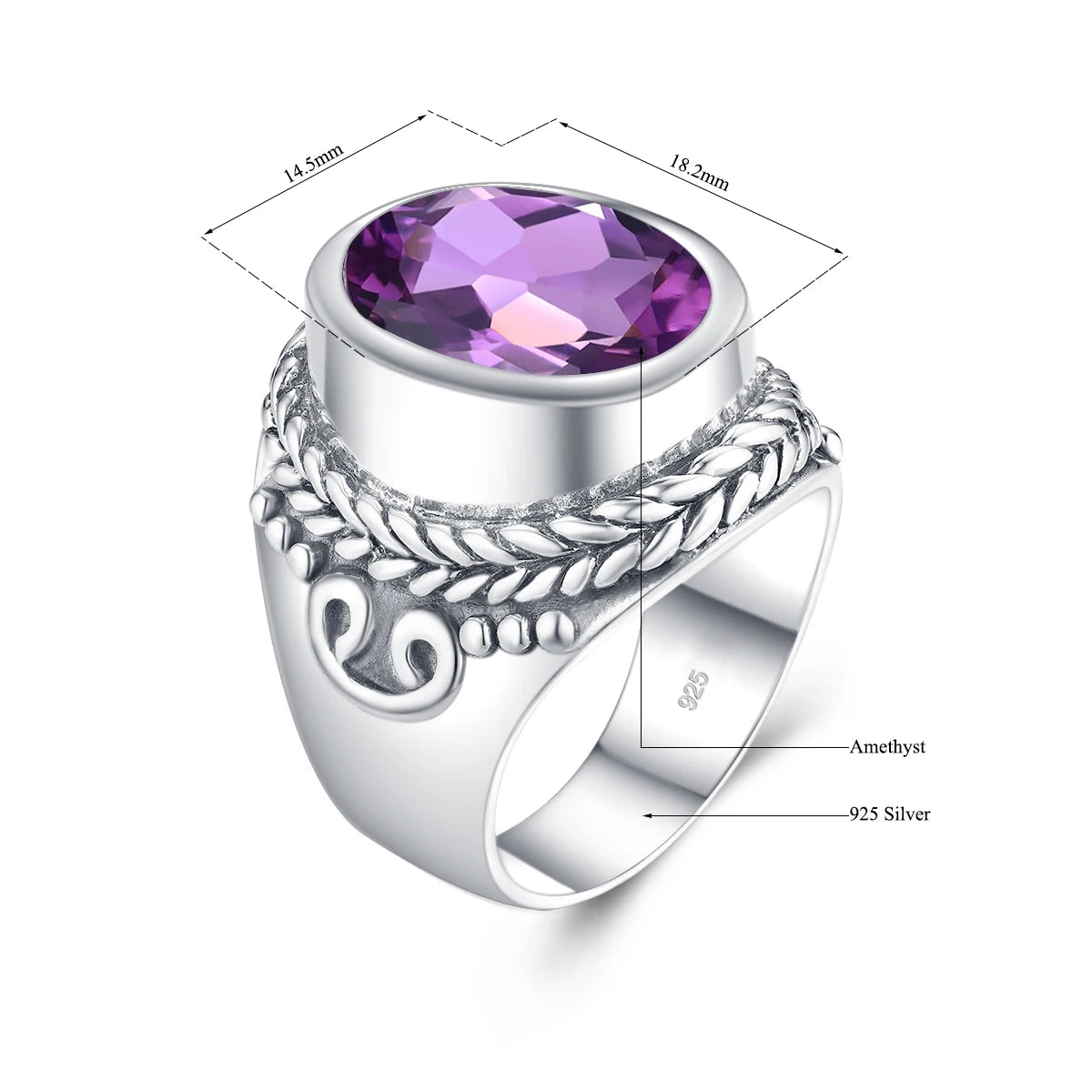 VIXONNA Vintage Bishop Oval Amethyst 925 Sterling Silver Ring (J210)