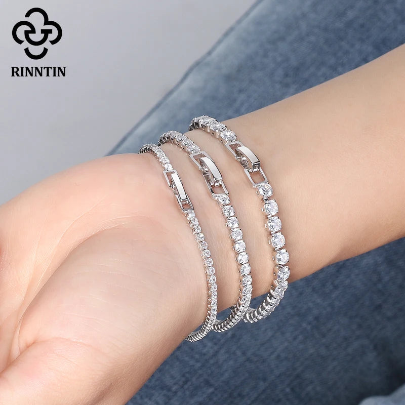 Rinntin Luxury Real 925 Sterling Silver Tennis Bracelet Women with AAAA Zircon Female Bangle Party Wedding Jewelry Gifts SB91