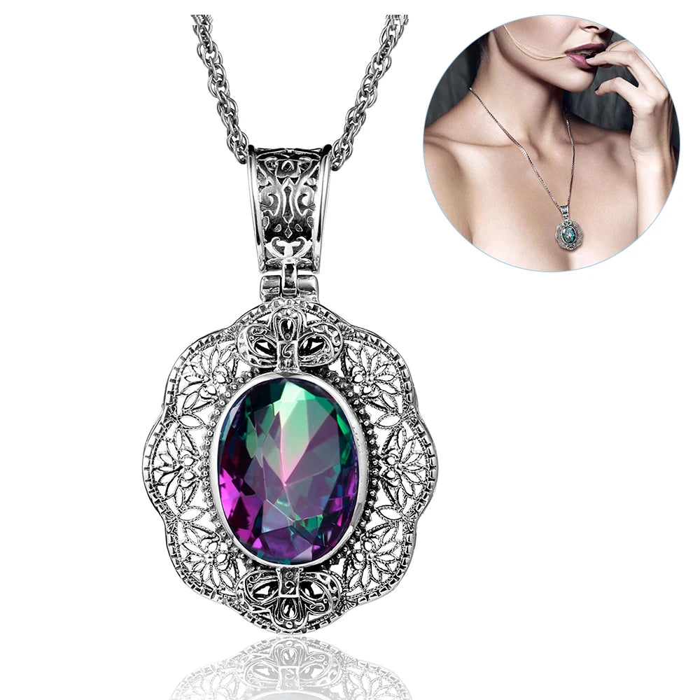 SILVERCHAKRA Big Mystic Topaz Gem Victorian Retro Pendant Necklaces for Women Floral Filigree Handmade 925 Silver Fine Jewelry
