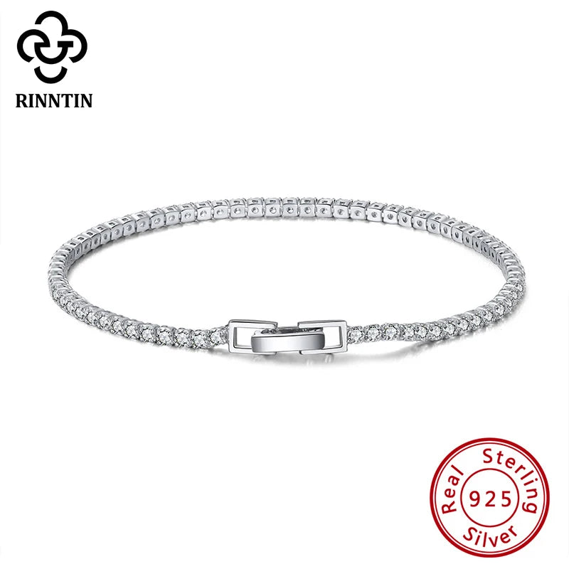 Rinntin Luxury Real 925 Sterling Silver Tennis Bracelet Women with AAAA Zircon Female Bangle Party Wedding Jewelry Gifts SB91