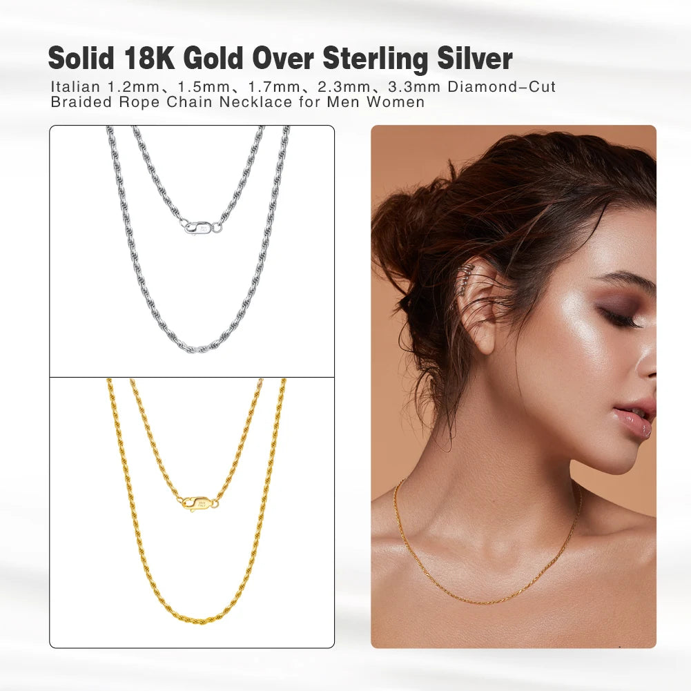 Rinntin 925 Sterling Silver 2.3mm Diamond-Cut Rope Chain Necklace For Women Men Fashion Silver Luxury Necklace Jewelry Gift SC29