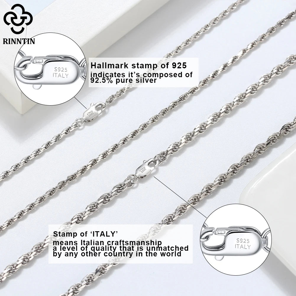 Rinntin 925 Sterling Silver 2.3mm Diamond-Cut Rope Chain Necklace For Women Men Fashion Silver Luxury Necklace Jewelry Gift SC29