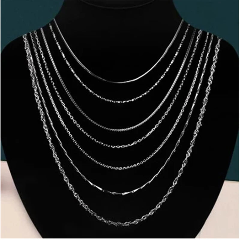 Rinntin 925 Sterling Silver Basic Women's Neck Chain Cable Bamboo Twisted Chain Fashion Side Bead Box Chain Necklace Jewelry