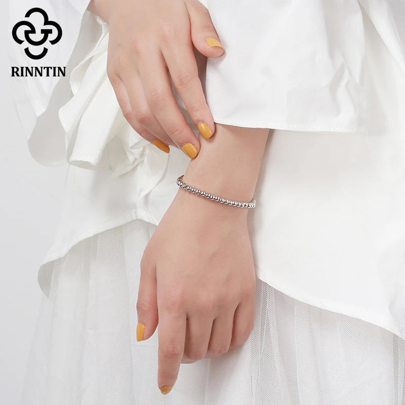 Rinntin 925 Sterling Silver 4mm Bead Ball Strand Chain Bracelet for Women Men Trendy Handmade Bracelets on Hand Jewelry  SB103