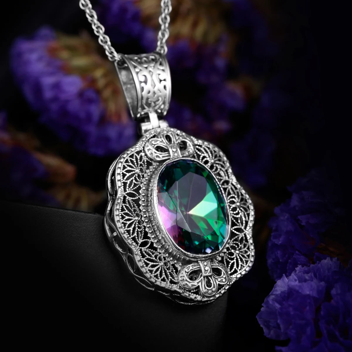 SILVERCHAKRA Big Mystic Topaz Gem Victorian Retro Pendant Necklaces for Women Floral Filigree Handmade 925 Silver Fine Jewelry