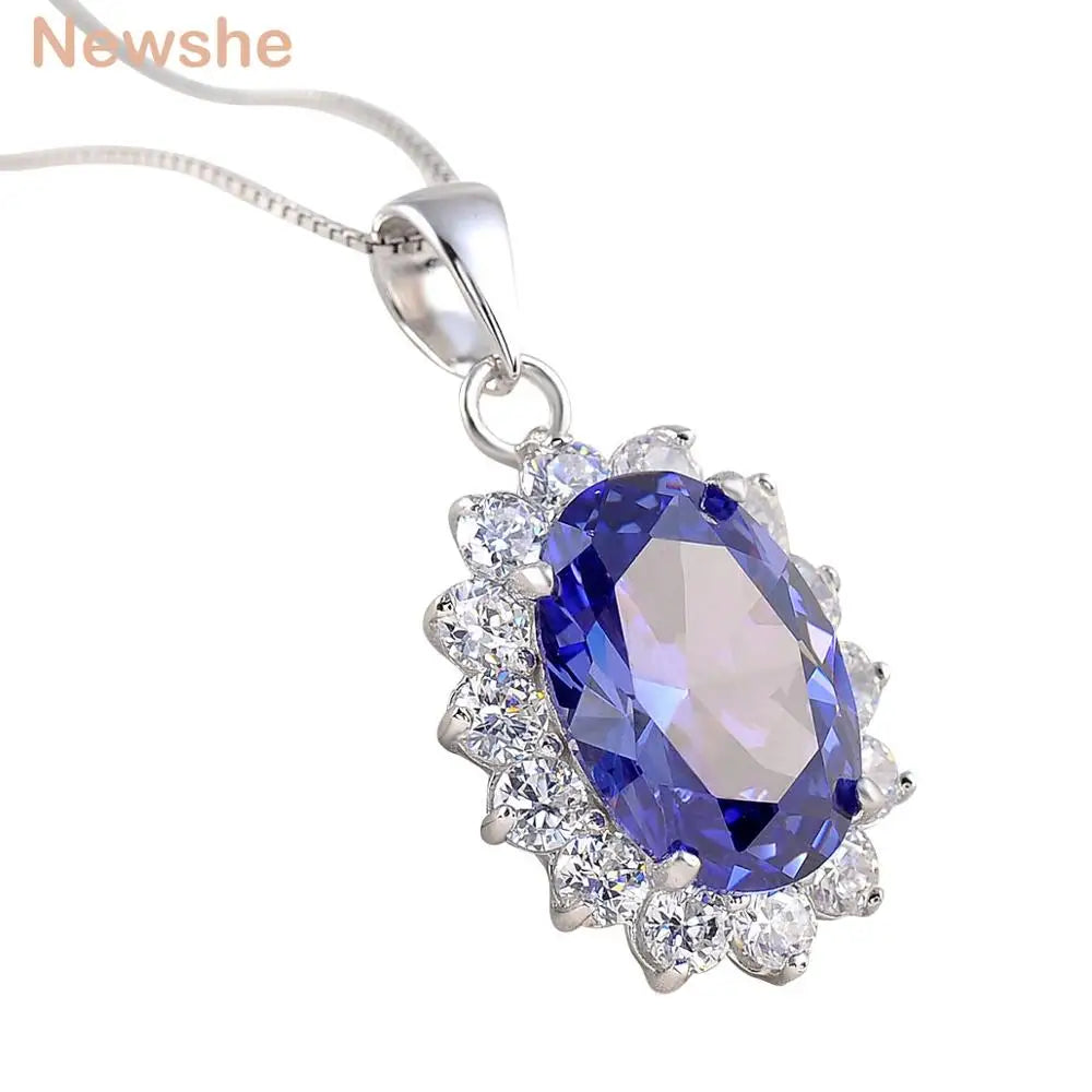 Newshe 6.4 Ct Oval Shape Blue AAAAA Zircon Pendant Solid 925 Sterling Silver 18 Inches Chain Necklace for Women