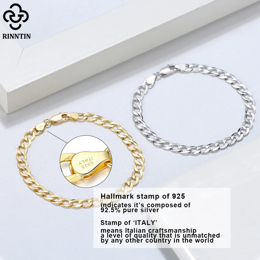 Rinntin 18K Gold Over 925 Sterling Silver 3mm Italian Cuban Chain Bracelet for Women Men Trendy Silver Bracelet Jewelry SB123