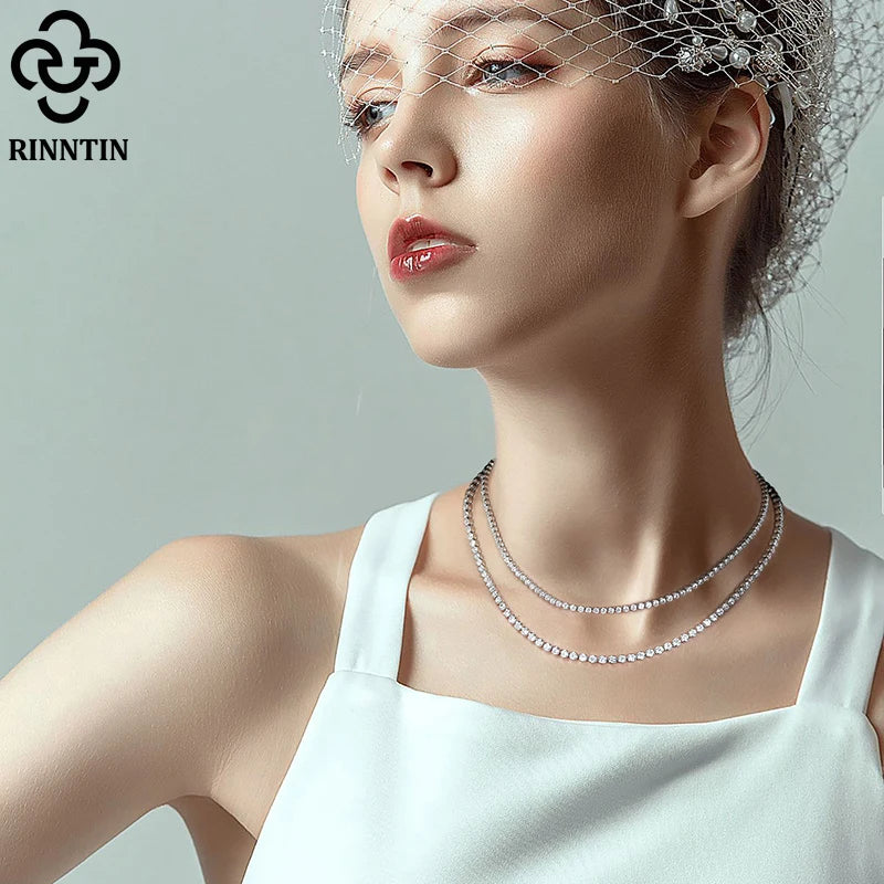 Rinntin Italian 2.5mm/3.0mm Cubic Zirconia Bezel-Set Tennis Necklace for Women 925 Sterling Silver Tennis Chain Jewelry SC52