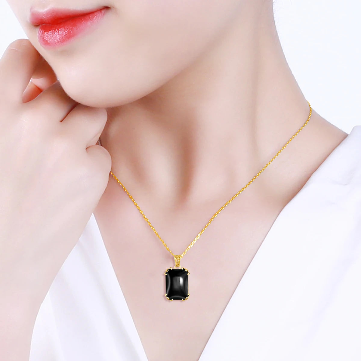 SILVERCHAKRA 585 14k Gold Color Necklaces Black Onyx Gemstones Pendant Necklace For Women 925 Sterling Silver Fine Jewelry