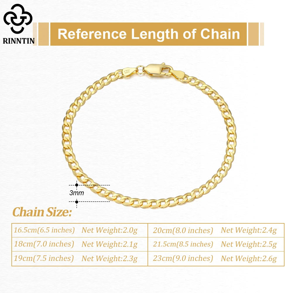 Rinntin 18K Gold Over 925 Sterling Silver 3mm Italian Cuban Chain Bracelet for Women Men Trendy Silver Bracelet Jewelry SB123