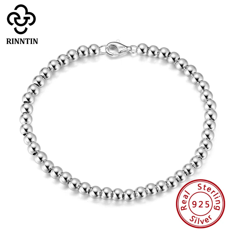 Rinntin 925 Sterling Silver 4mm Bead Ball Strand Chain Bracelet for Women Men Trendy Handmade Bracelets on Hand Jewelry  SB103