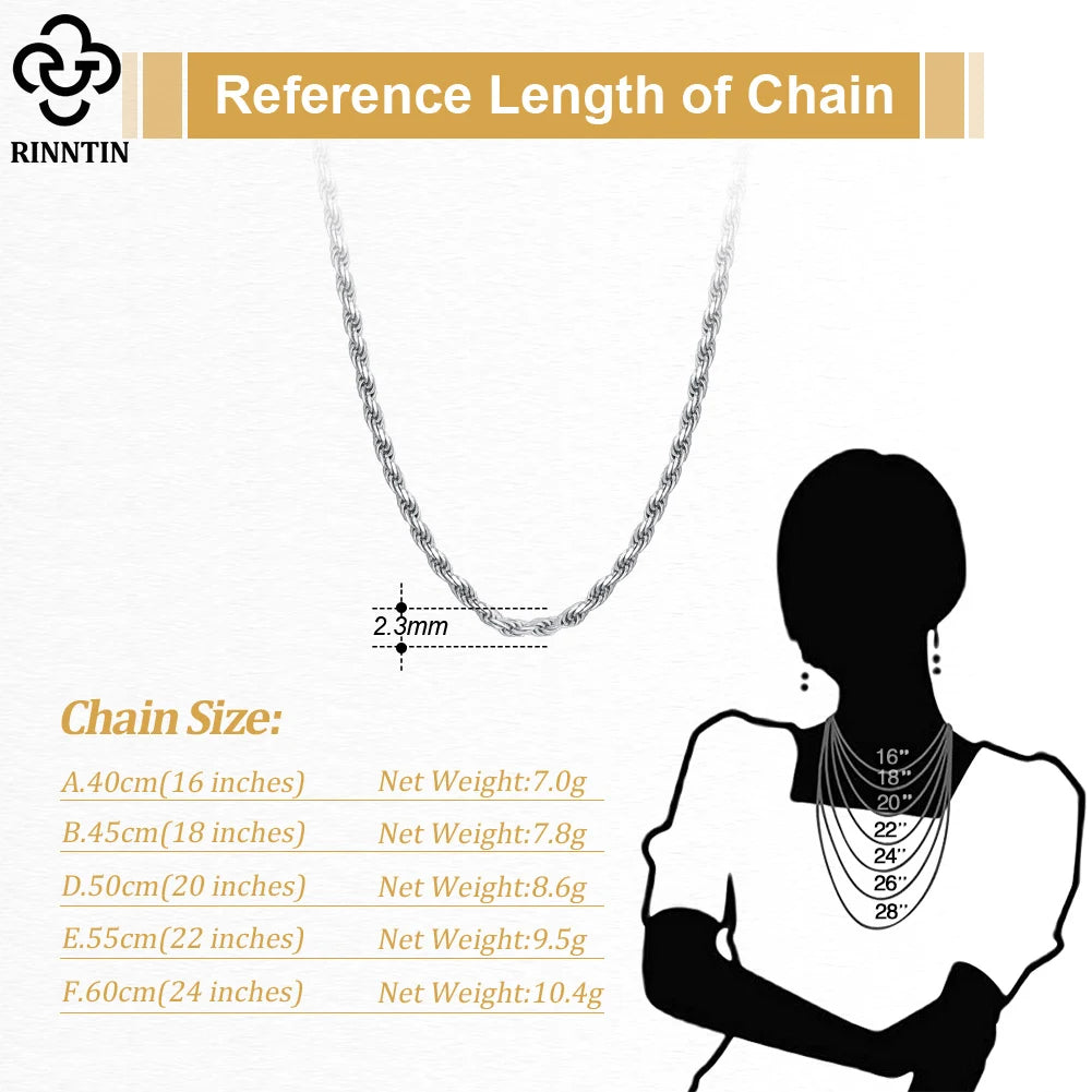 Rinntin 925 Sterling Silver 2.3mm Diamond-Cut Rope Chain Necklace For Women Men Fashion Silver Luxury Necklace Jewelry Gift SC29