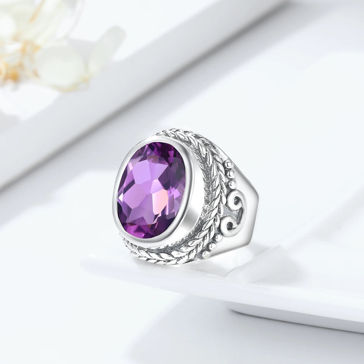 VIXONNA Vintage Bishop Oval Amethyst 925 Sterling Silver Ring (J210)