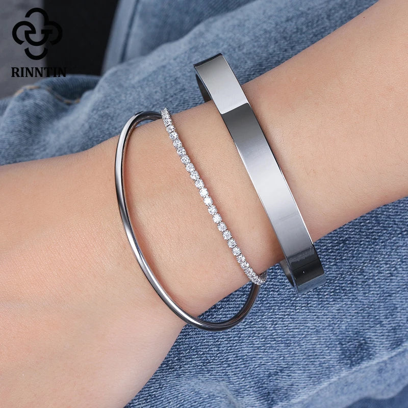 Rinntin Luxury Real 925 Sterling Silver Tennis Bracelet Women with AAAA Zircon Female Bangle Party Wedding Jewelry Gifts SB91