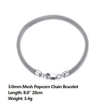 Rinntin Italian 925 Sterling Silver 3.0mm Mesh Popcorn Chain Bracelet for Women Jewelry Female Dating Trendy Accessories TSB65