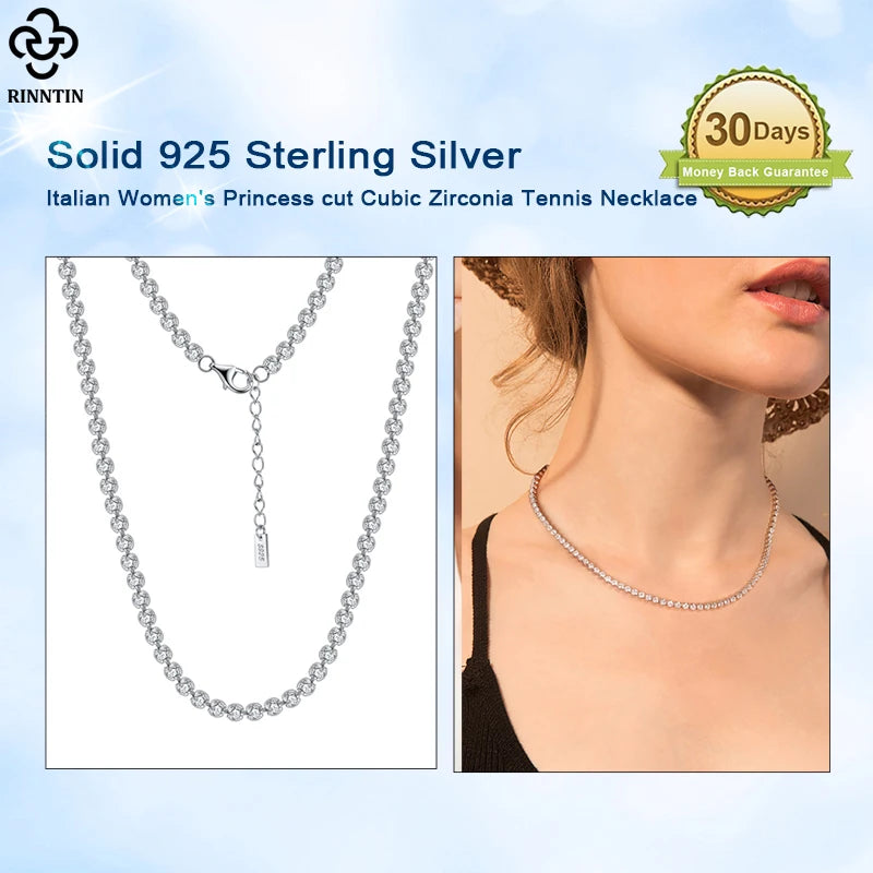 Rinntin Italian 2.5mm/3.0mm Cubic Zirconia Bezel-Set Tennis Necklace for Women 925 Sterling Silver Tennis Chain Jewelry SC52