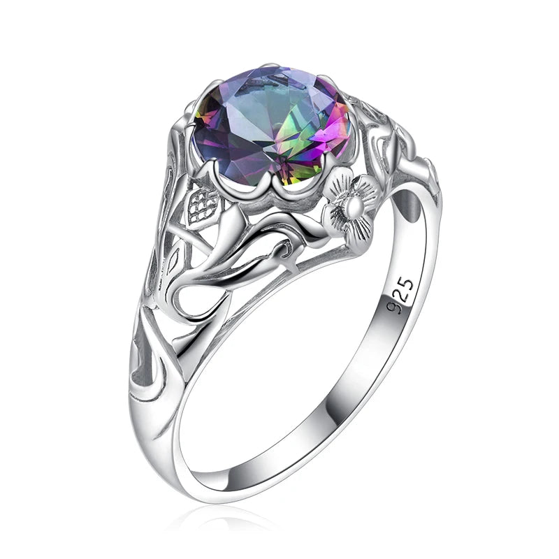 SILVERCHAKRA Vintage Real 925 Silver Rings for Women 2ct Round Opal Ring Artistic filigree Art Deco Fine Jewelry Lady Mom Gifts