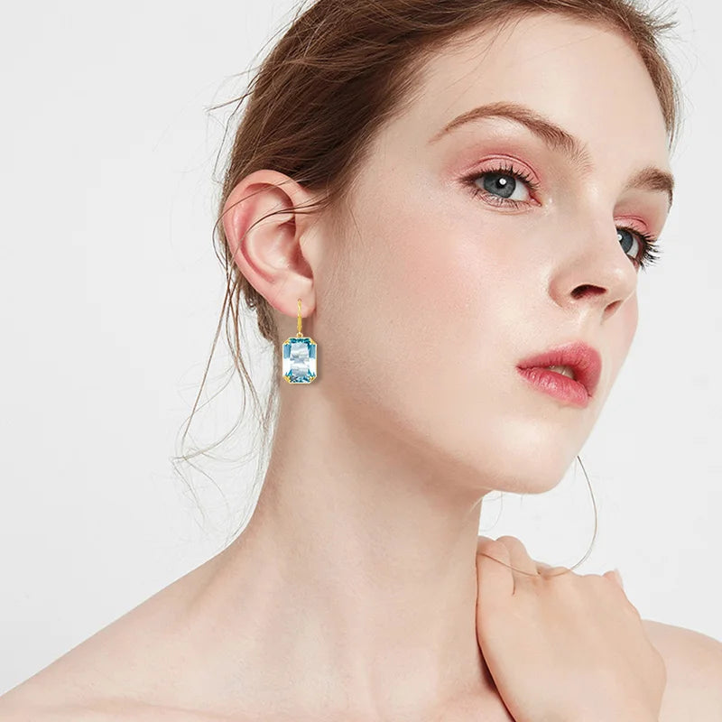 Real 100% 925 Silver Earrings Aquamarine 14K Gold Plated Drop Earrings For Women Fine Jewelry Wedding Gift Handmade