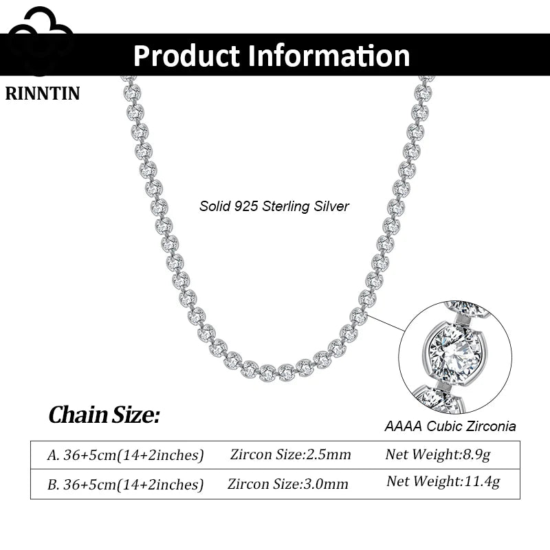 Rinntin Italian 2.5mm/3.0mm Cubic Zirconia Bezel-Set Tennis Necklace for Women 925 Sterling Silver Tennis Chain Jewelry SC52