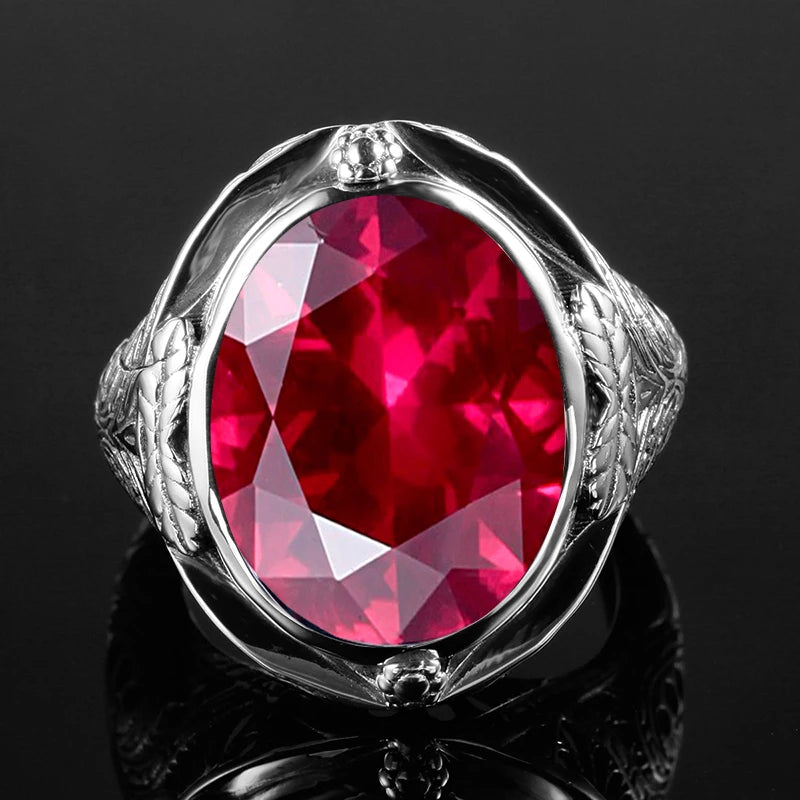 Genuine 925 Sterling Silver 14*18mm Oval Created Ruby Ring For Women Vintage Punk Birthday Stone Wedding Party Fashion Jewellery