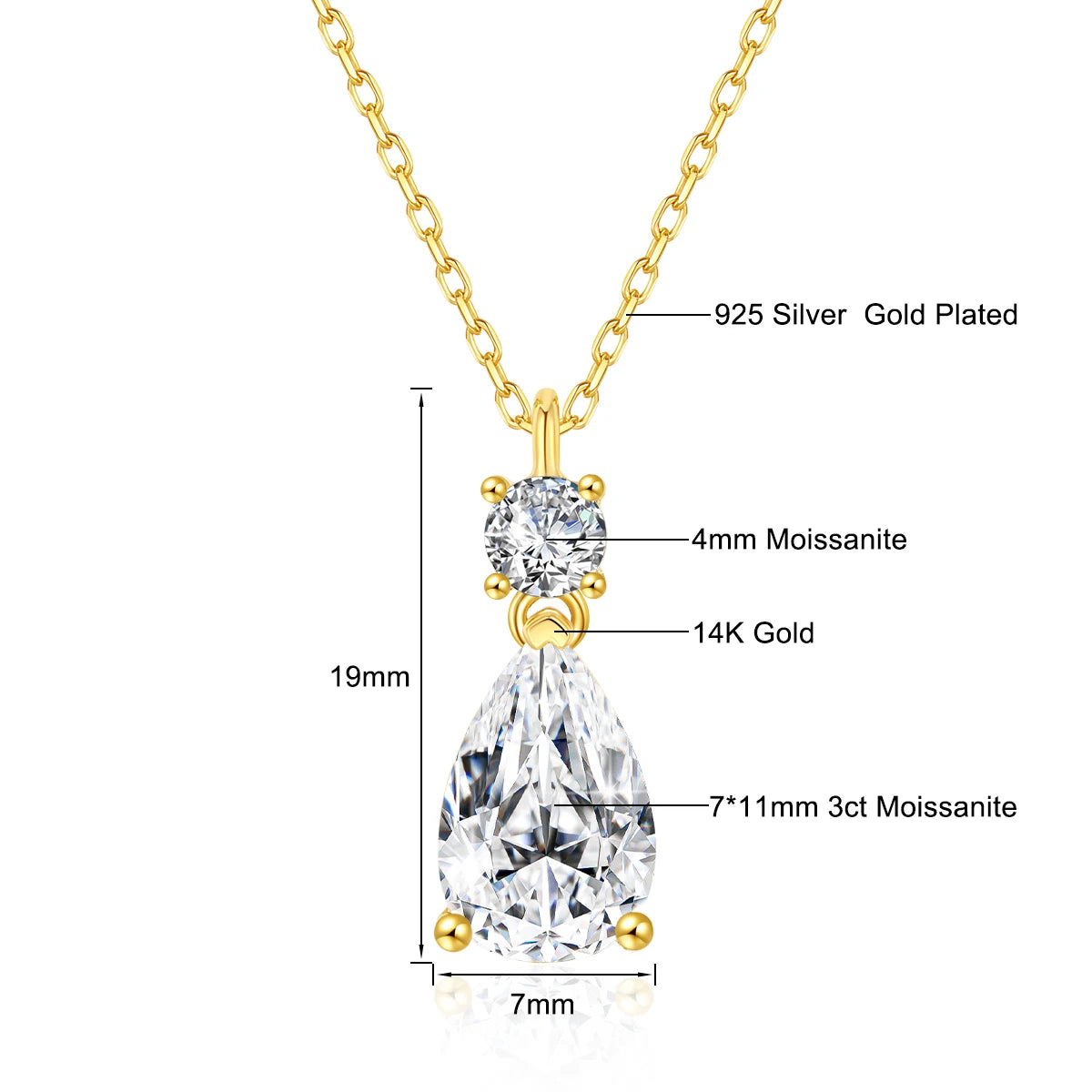 Trendy Lovers' Real 14k Gold Necklace Pear Cut Moissanite Diamond 3 Carat 7*11mm Wedding K gold Jewelery for Women Certified