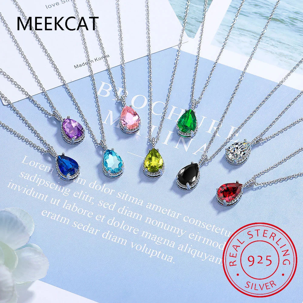 Pear Cut Created Blue Sapphire 925 Sterling Silver Water Drop Pendant Necklace Fashion Gemstone Jewelry For Women Party Gift