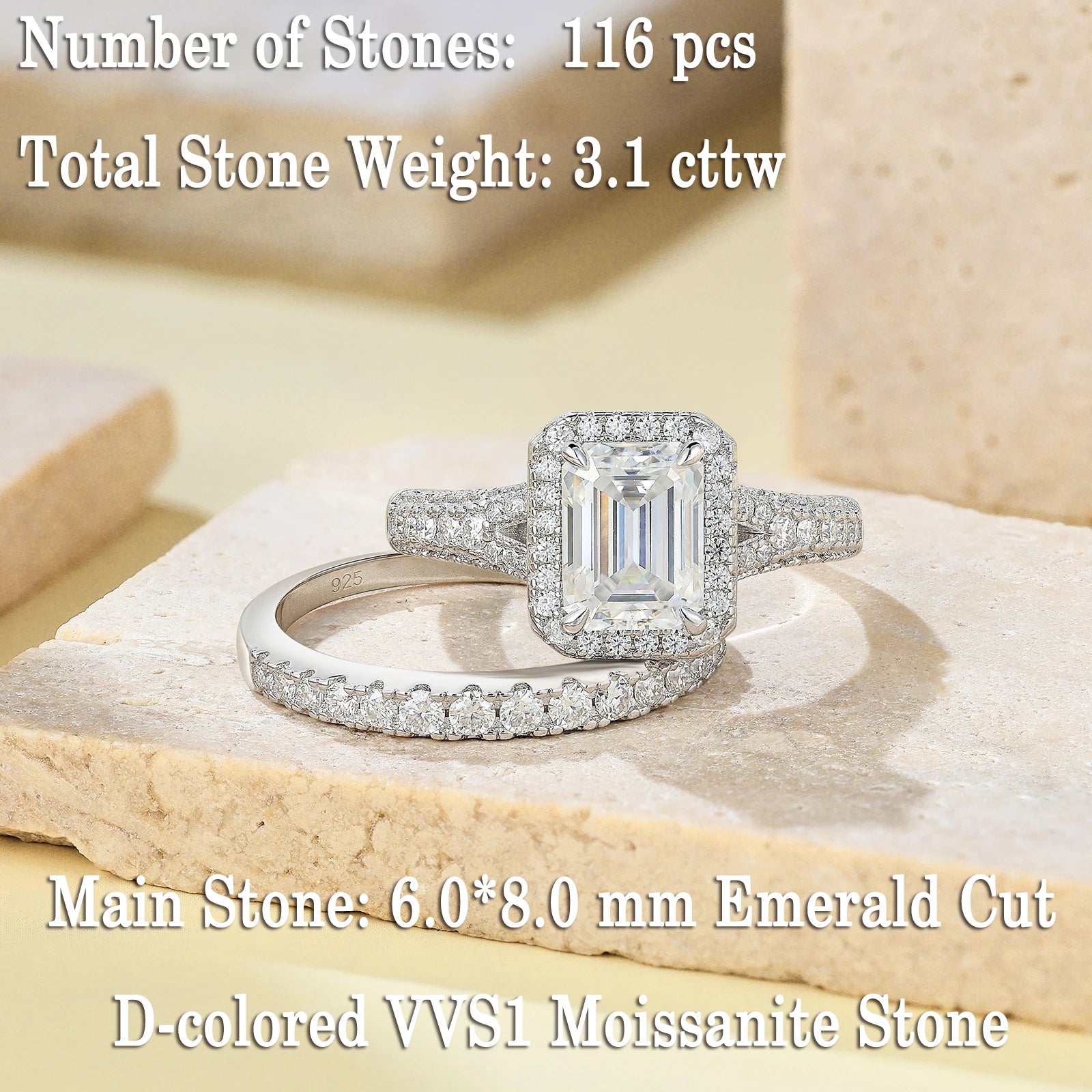 Newshe Women's Stackable VVS1 Moissanite Wedding Rings Set GRA Certified Halo Emerald Cut 925 Sterling Silver Bridal Ring