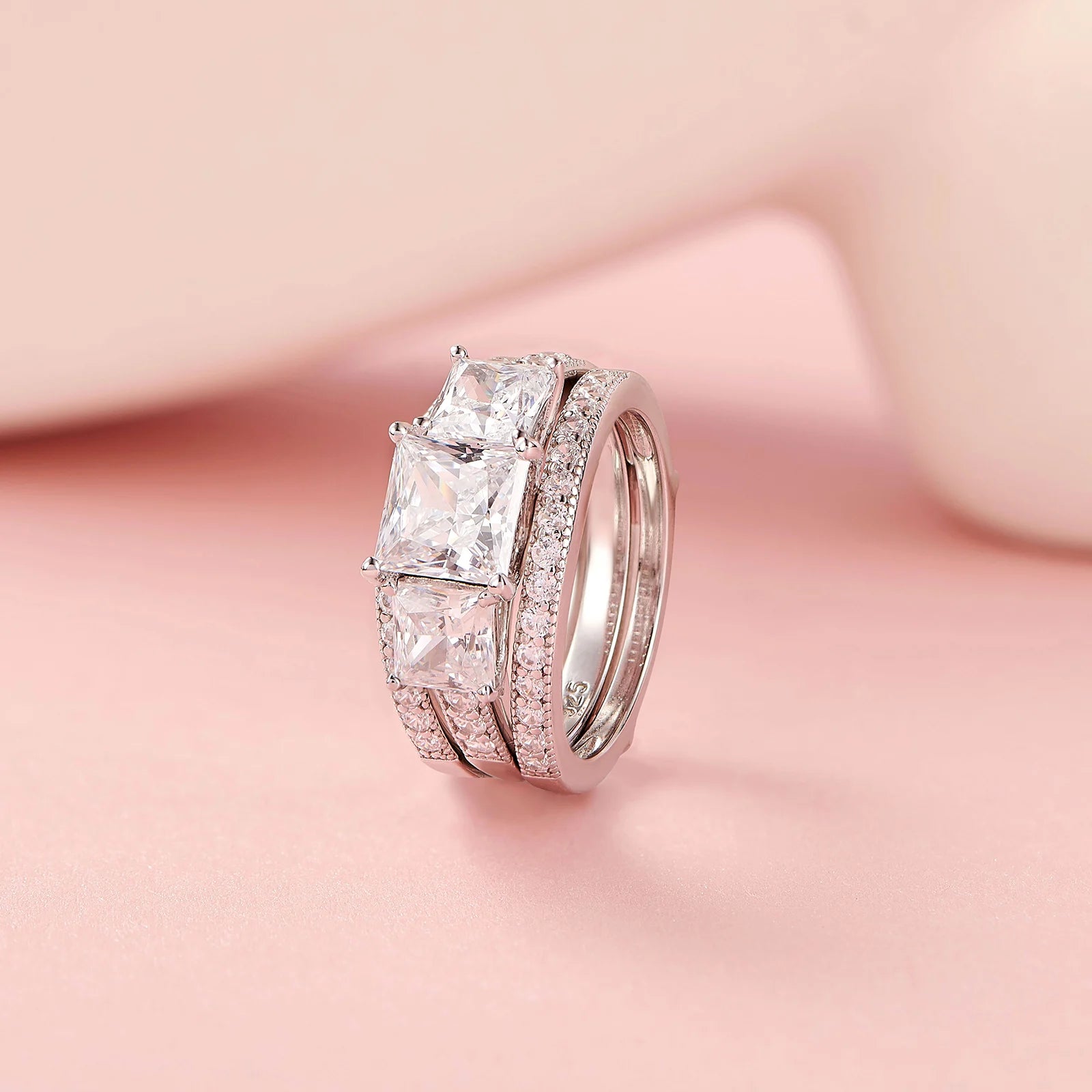 Newshe Three-Stone Princess Cut AAAAA CZ 925 Sterling Silver Engagement Rings Set for Women Adjustable Wedding Ring Enhancer