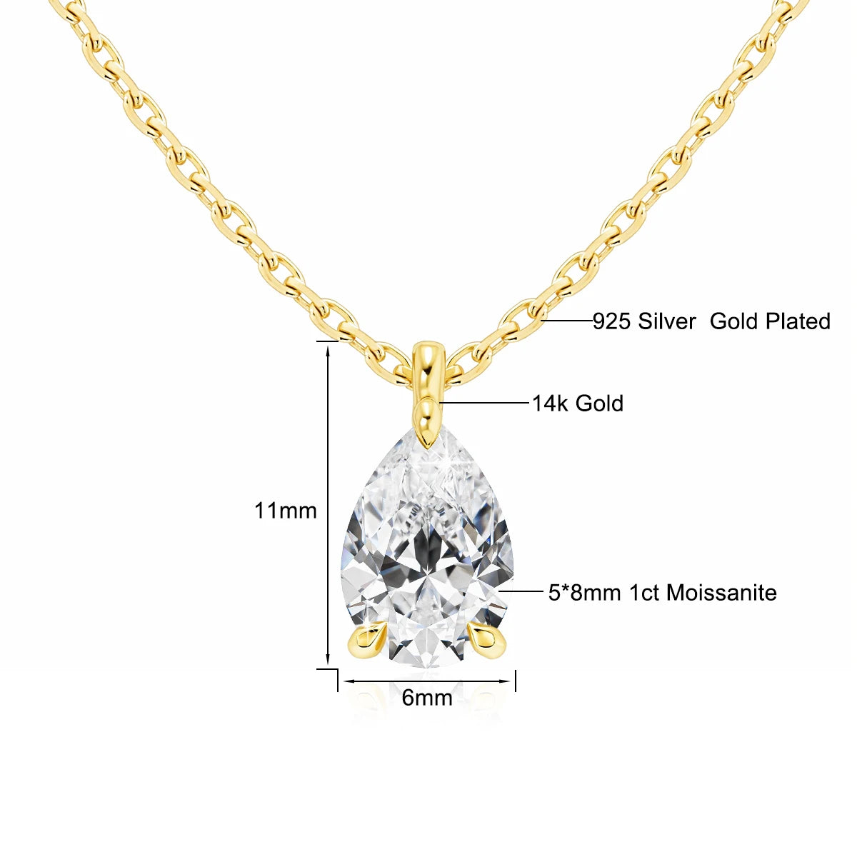14K Gold Pear Cut Moissanite Diamond Necklaces for Women 0.5ct 1ct 2ct D VVS1 Solitaire Pendant Wedding Jewelry Certified