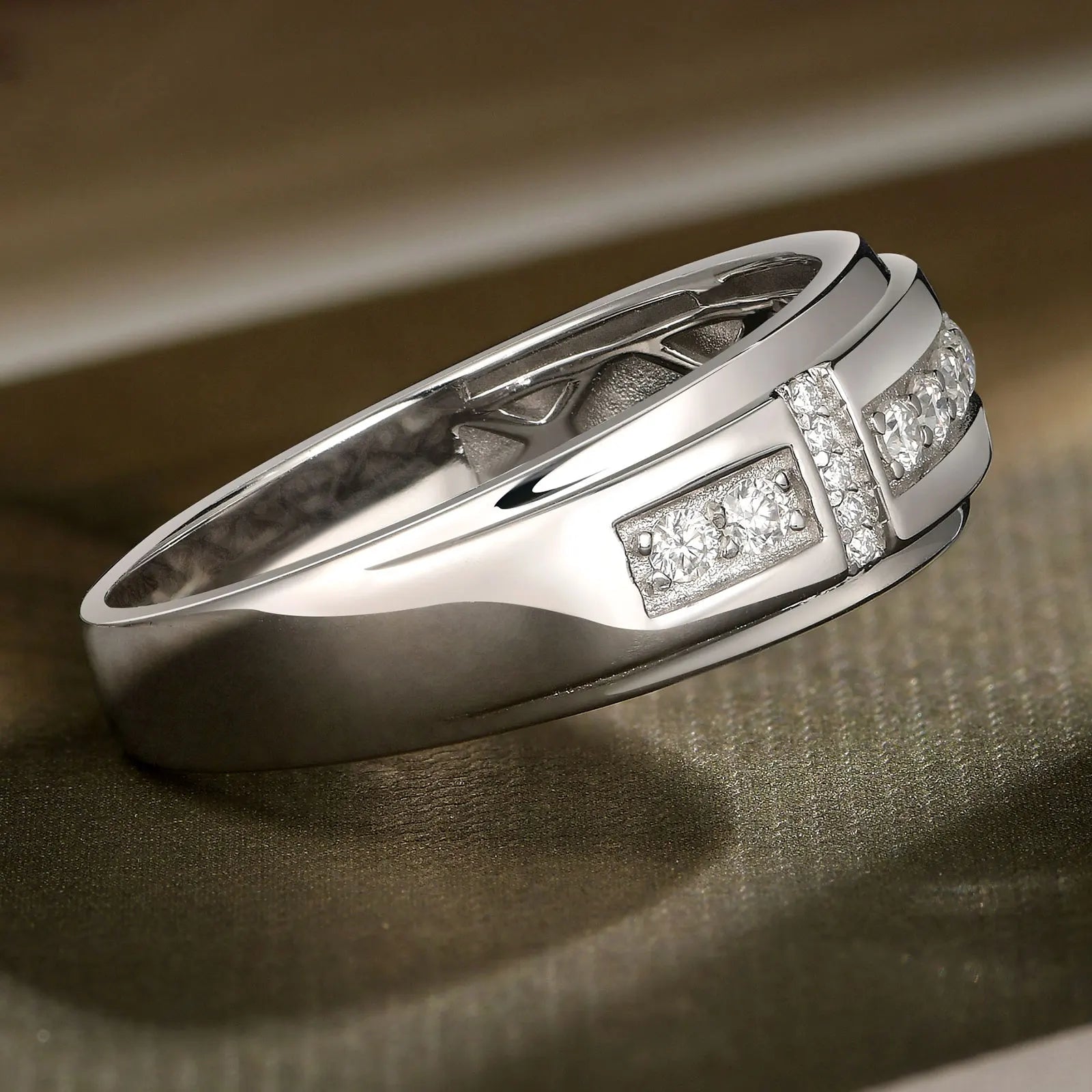 Newshe Elegant Men's Moissanite Rings GRA Certified Wedding Band 925 Sterling Silver Half Eternity Round Engagement Ring