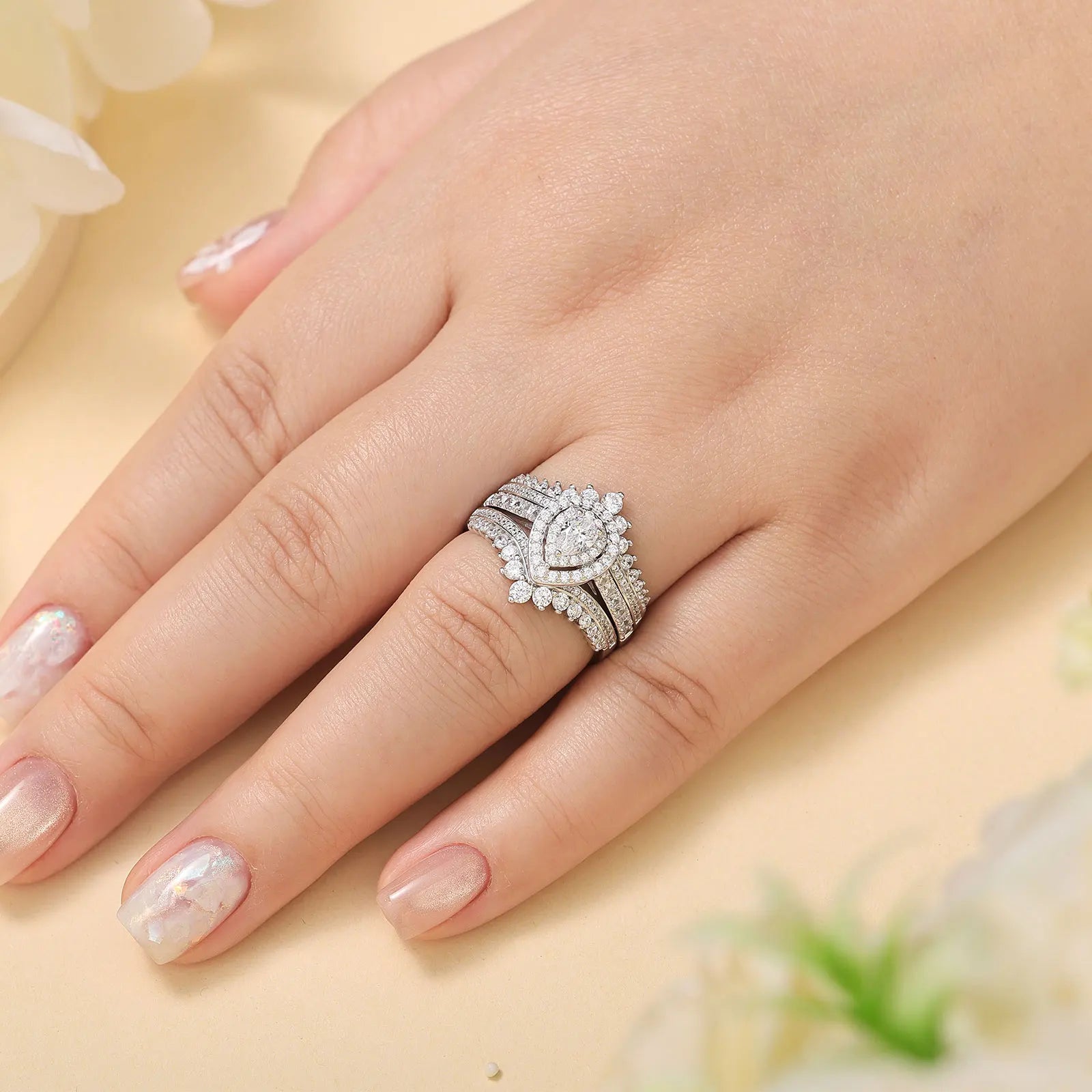 Newshe Full Moissanite Halo Pear Engagement Ring Bridal Set for Women Enhancer Wedding Band Wraps White Gold Plated Jewelry