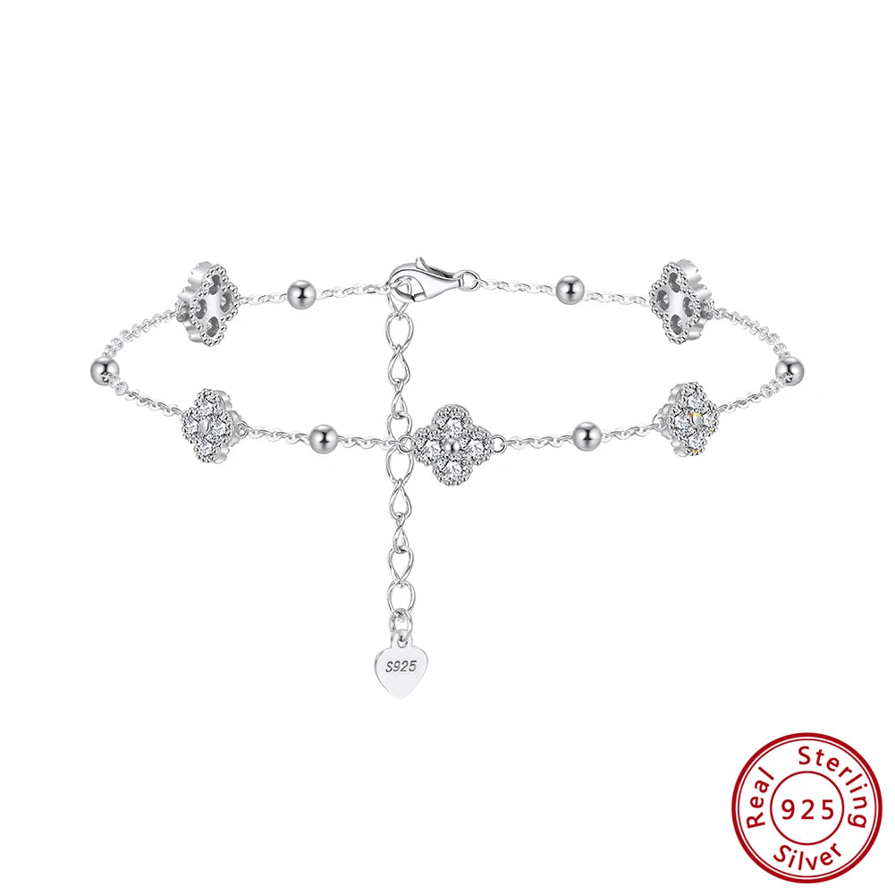 Rinntin 925 Sterling Silver Dainty Clover Bracelet Certified D Color Moissanite Bracelet Women Jewelry Flower Chain Gift SMOB04