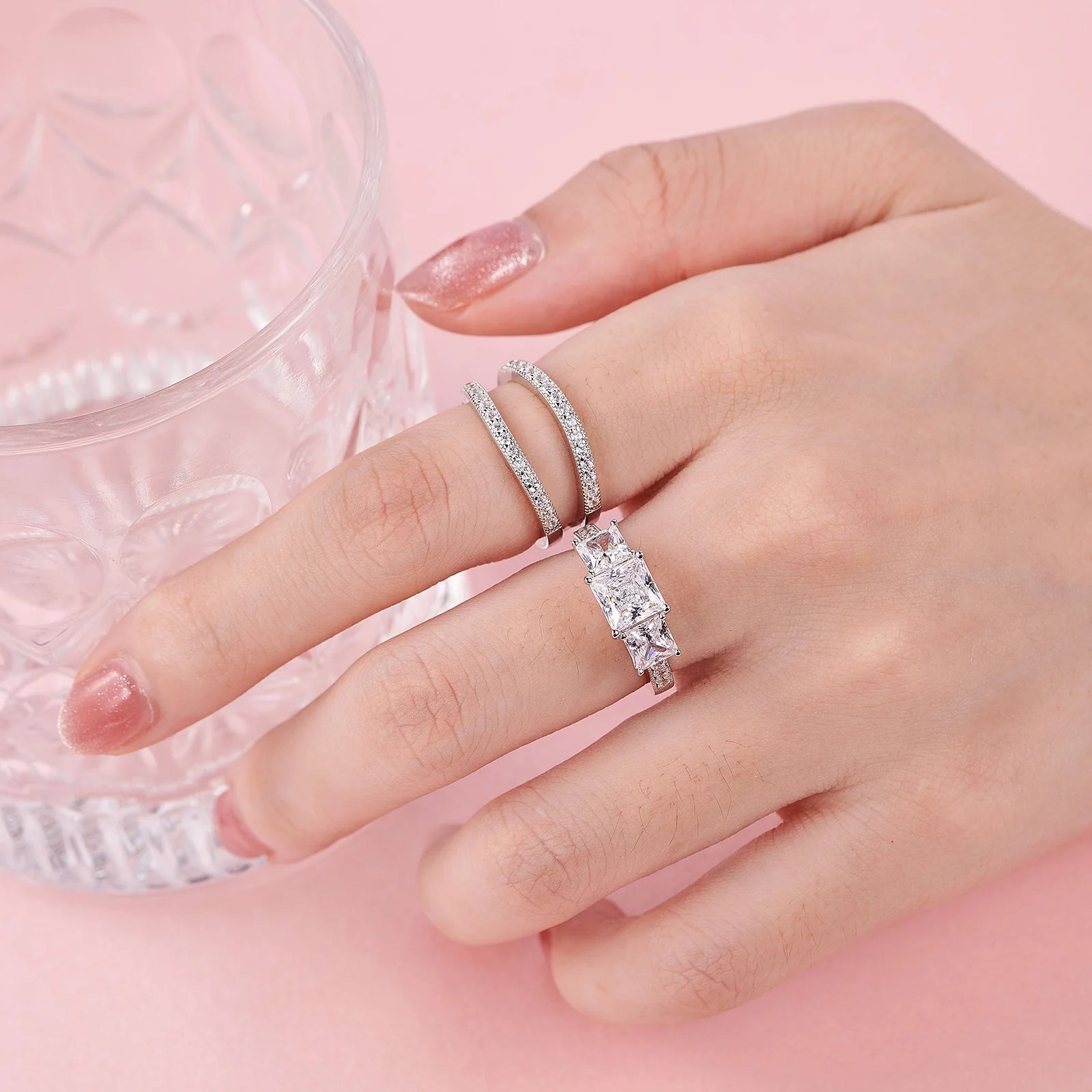 Newshe Three-Stone Princess Cut AAAAA CZ 925 Sterling Silver Engagement Rings Set for Women Adjustable Wedding Ring Enhancer