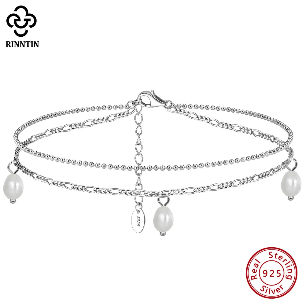 Rinntin Classic 925 Sterling Silver Freshwater Pearl Pendant Anklet Double Chain Trendy Summer Beach Anti Allergic Jewelry SA41