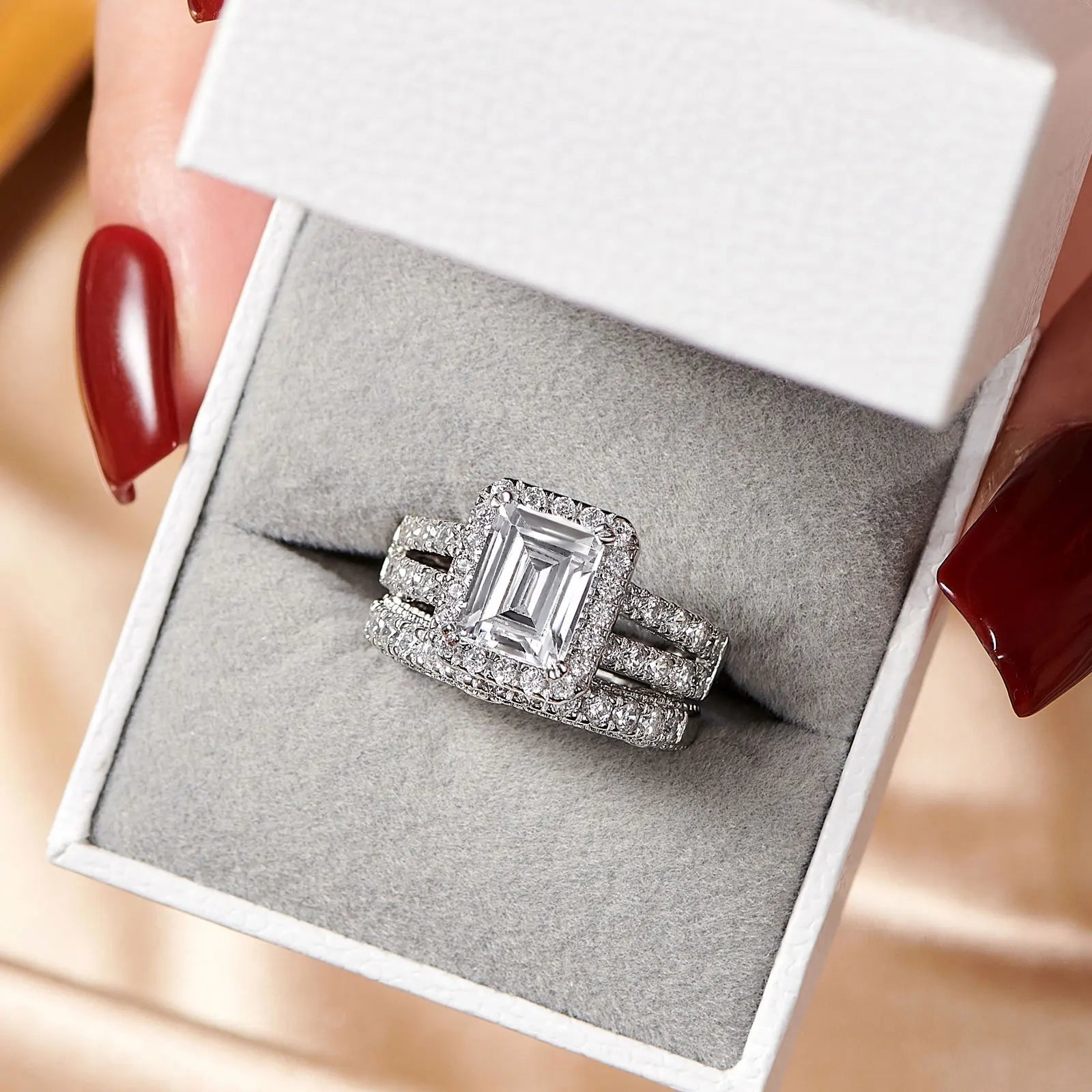 Newshe 925 Sterling Silver Vintage Emerald Cut AAAAA Cubic Zircon Wedding Engagement Rings for Women Bridal Set Fine Jewelry