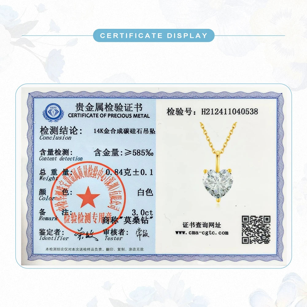 14K Gold Necklaces for Women Heart Cut VVS1 1ct 2ct 3ct Moissanite Diamond Au585 Pendant Engagement Luxury Designer Jewelry