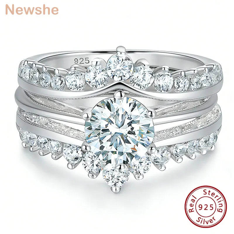Newshe Luxury Solid 925 Sterling Silver Wedding Engagement Rings for Women High Grade Cubic Zircon Guard Band BR1167