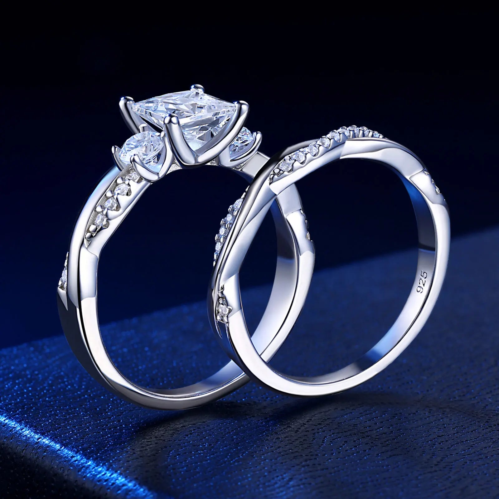 Newshe 925 Sterling Silver Moissanite/Zircons Princess Cut Eternity Engagement Rings Twist Wedding Band Bridal Sets
