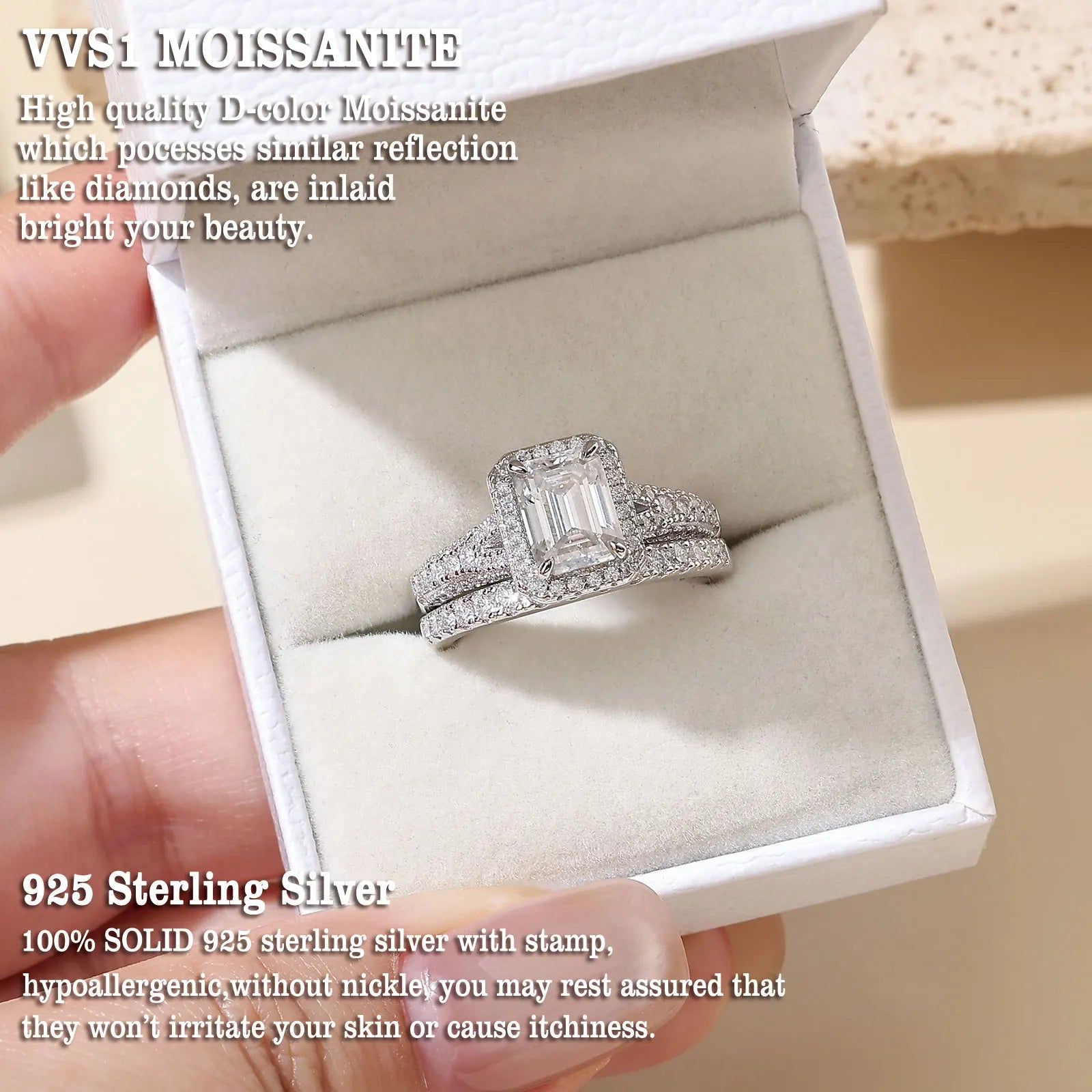 Newshe Women's Stackable VVS1 Moissanite Wedding Rings Set GRA Certified Halo Emerald Cut 925 Sterling Silver Bridal Ring