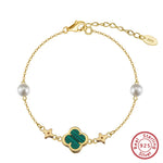 Rinntin 925 Sterling Silver Shell 14K Gold Four Leaf Clover Bracelet Waterproof Flower Bracelets Jewelry for Women Girls Gift