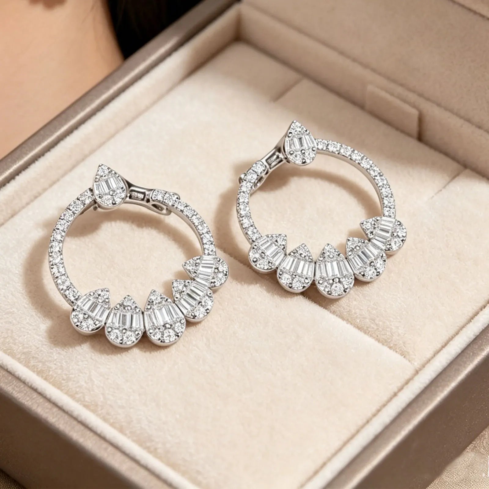 Newshe Solid 925 Sterling Silver Hoop Earrings for Women Water Drop AAAAA Cubic Zircon Designer Luxury Jewelry