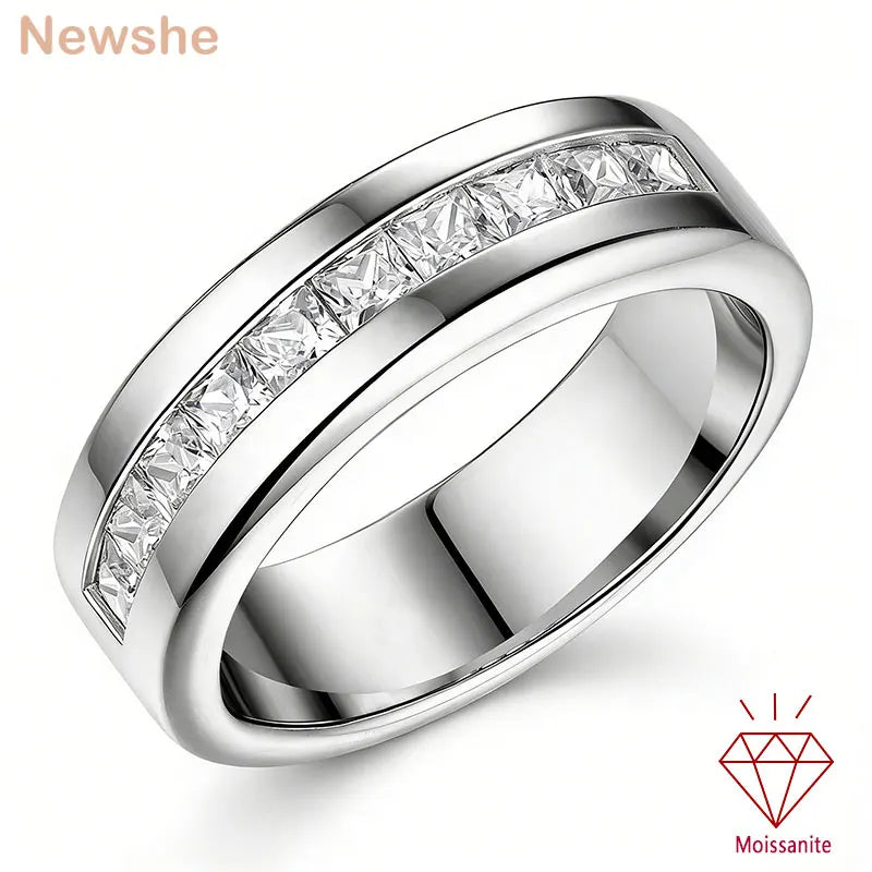 Newshe GRA Certified Men's Moissanite Ring D Color VVS1 Princess Cut Channel Set Wedding Band White gold plated Promise Rings