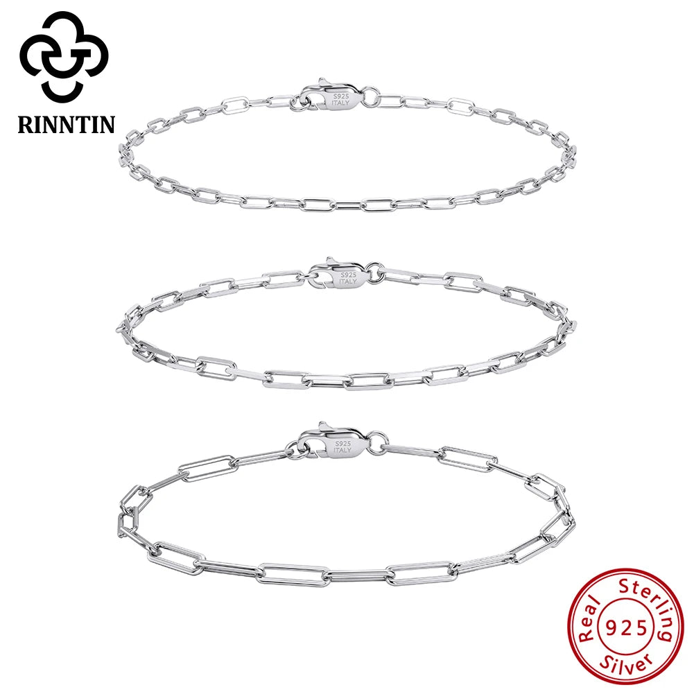 Rinntin Genuine 925 Sterling Silver Italian Paperclip Link Chain Bracelet for Women Trendy Silver Hand Bracelet Jewelry SB218