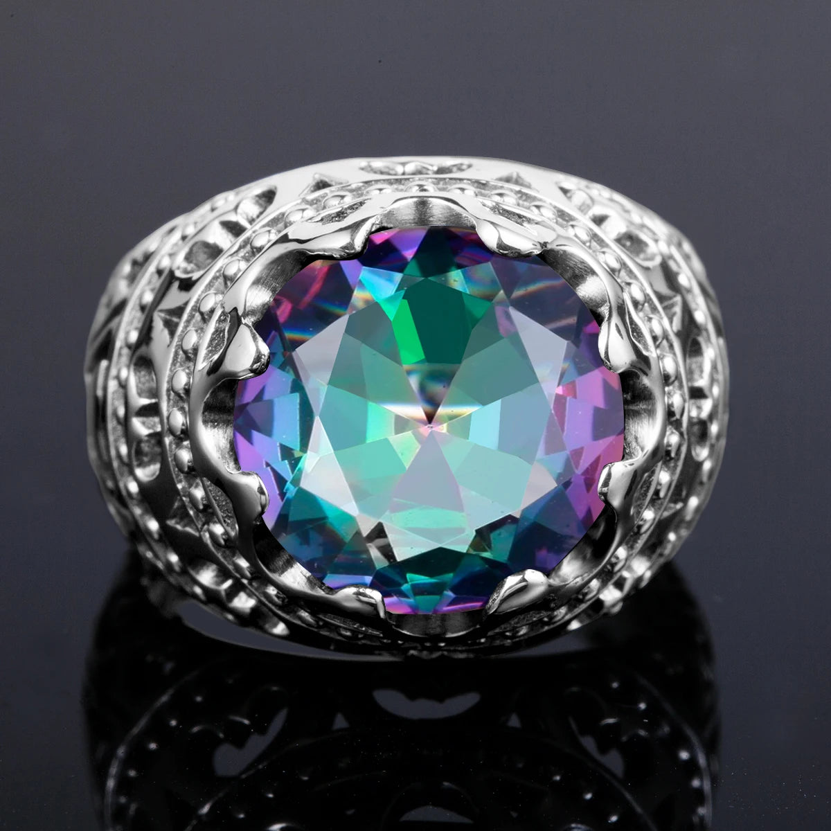 Vintage Rings For Men Genuine 925 Sterling Silver Male Ring 13*13mm Mystic Topaz Round Cut Stone Men's Jewelry Beautiful